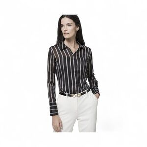 White House Black Market Black Sheer Shadow Stripe Button Down Shirt size 10 EUC